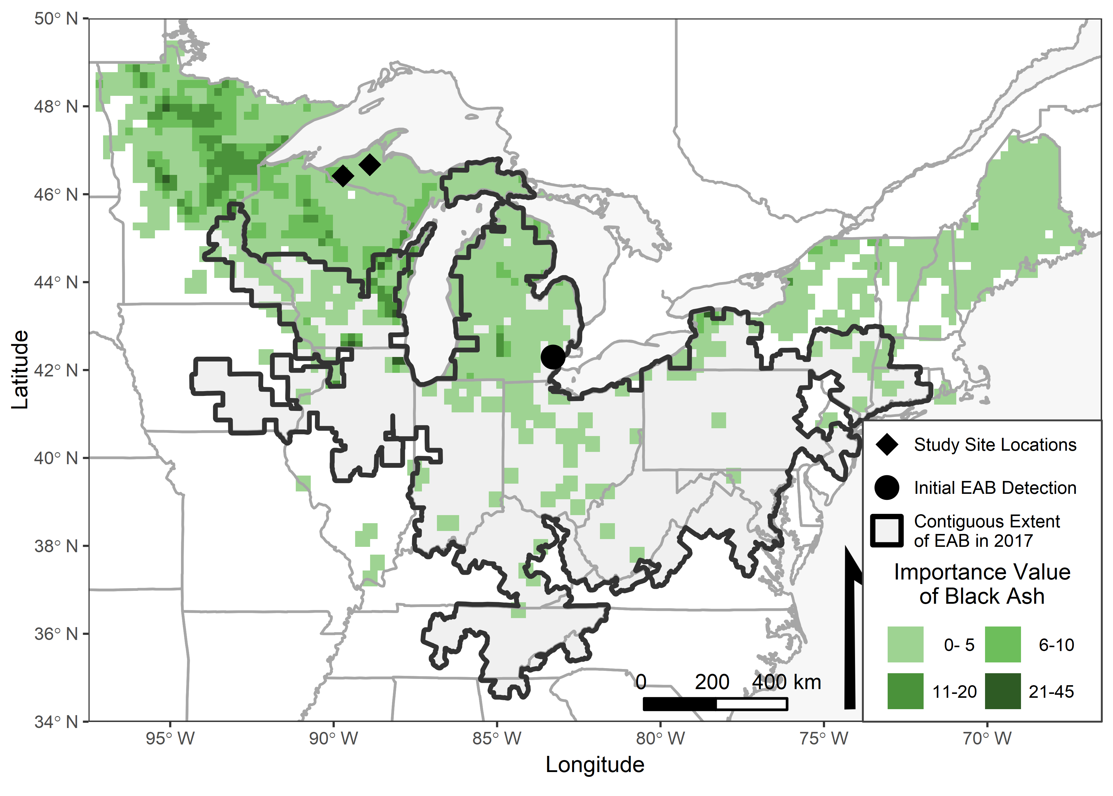 Contiguous extent of Emerald Ash Borer and Importance Value of black ash throughout its range
